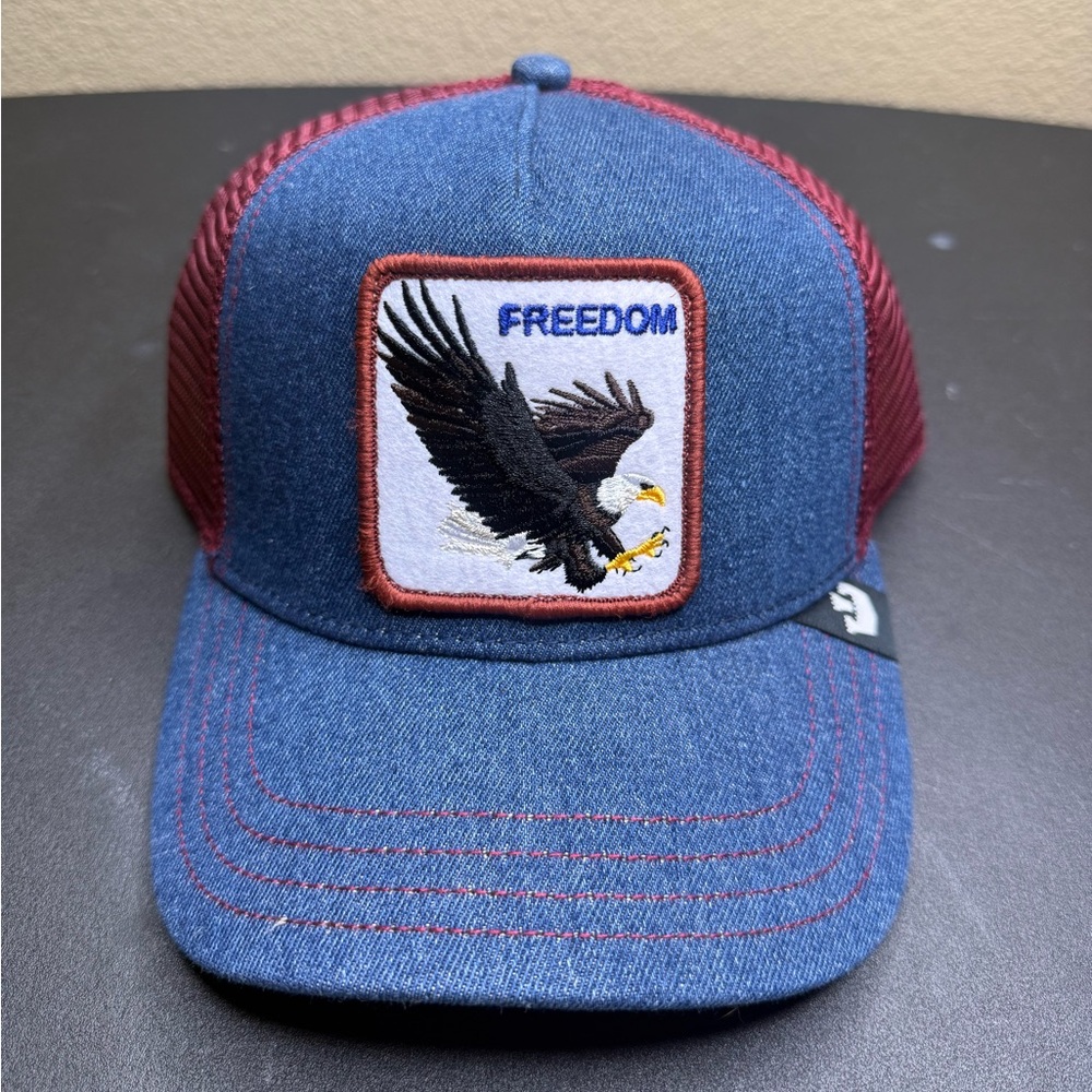 Goorin Bros The Farm Freedom Bald Eagle Trucker Hat Denim Blue Burgundy Mesh NWT